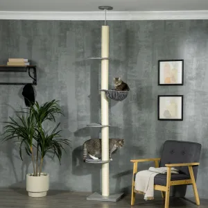 250cm Floor to Ceiling Cat Tree, Height Adjustable Kitten Tower, Five-Level Activity Centre with Hammock, Scratching Post, Multiple Perches - Grey